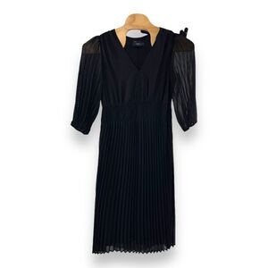 Taylor Women's Lined Sheer Pleated V-Neck Midi Flare Dress Black Size 16 NWT